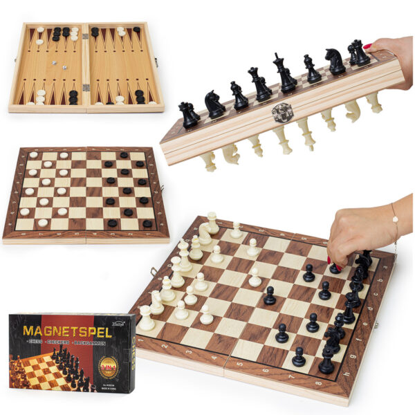 Gra 3w1 szachy warcaby backgammon magnetyczne drewniane - obrazek 3